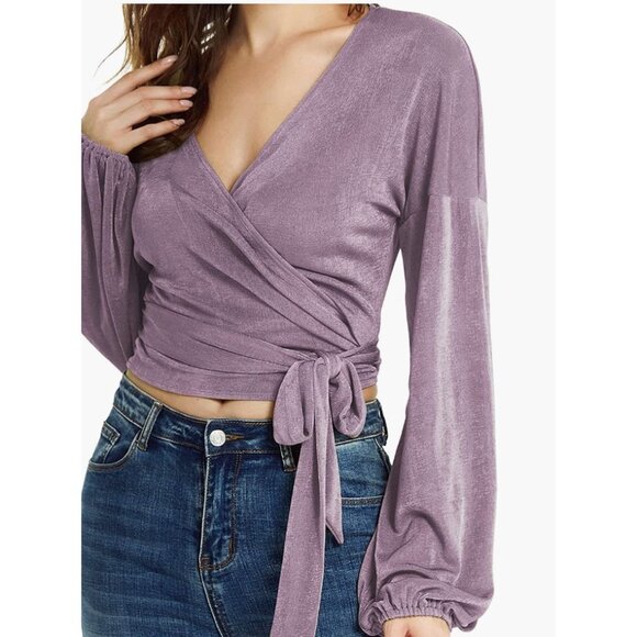 Purple Glitter Knit Tie Front Belted V-Neck Long Sleeve Bishop Wrap Sweater‎ Top - Picture 4 of 6